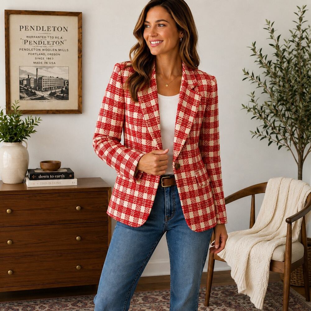 Vintage Pendleton Women’s Virgin Wool Blazer Jacket Red Plaid USA Size 12